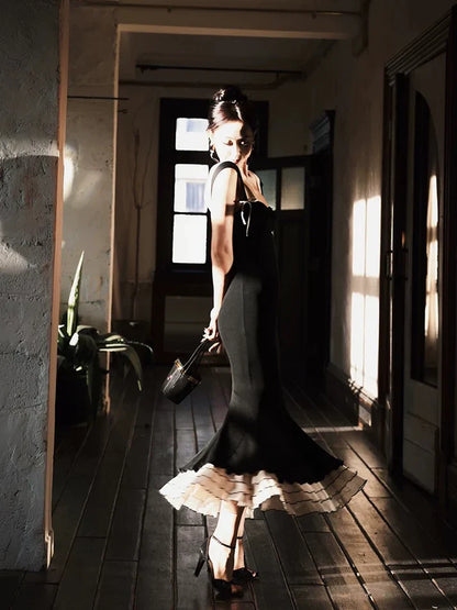 Sexy Black Mermaid Strap Satin Long Prom Dress Sweet Formal Party Dress SH2574