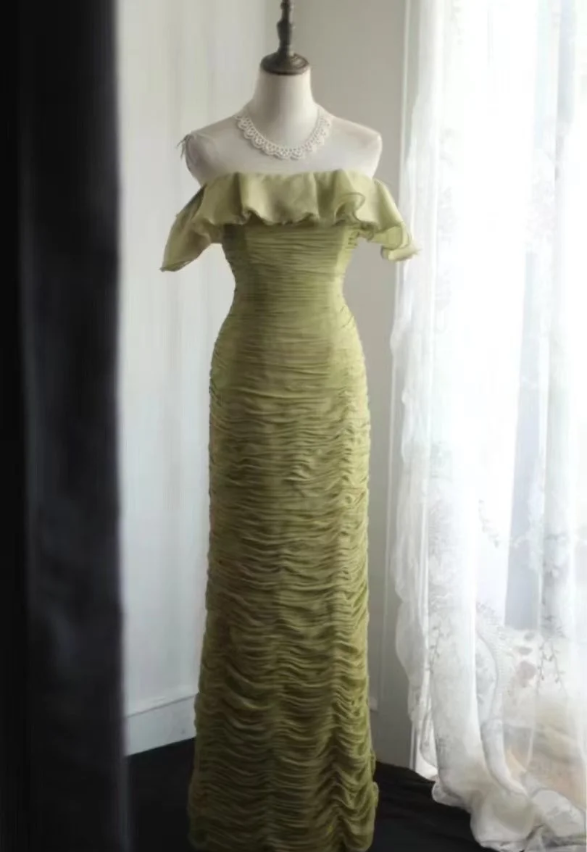 Vintage Green Fitted Off-Shoulder Ruffled Chiffon Long Prom Dress Evening Dress P4247
