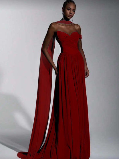 Dusty Blue One Shoulder Sweetheart Evenign Dress in Chiffon With Split