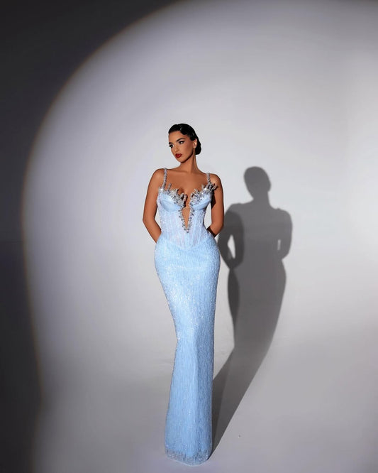 Deep V-Neck Sleeveless Spaghetti Straps  Mermaid Prom Dress