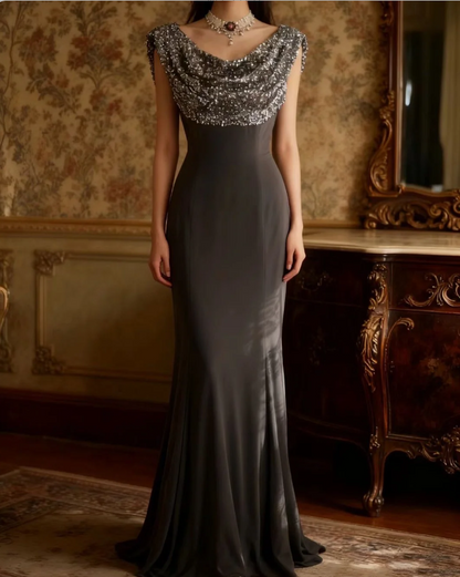 Vintage Black Mermaid Sequin Satin Long Prom Dress Evening Dress P4248