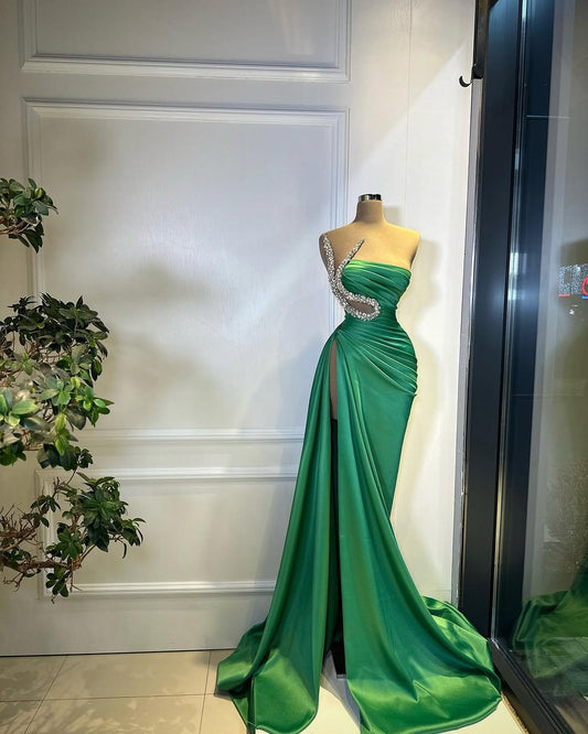Mermaid Green Sleeveless Strapless Beads Prom Dress