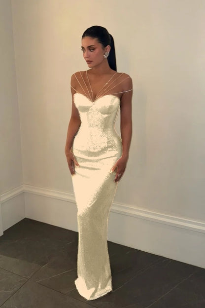 Sparkly Silver Off-the-Shoulder Evening Dress Sleeveless With Sequins
