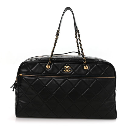 Shiny Grained Calfskin Quilted Large Travel Bowling Bag Black