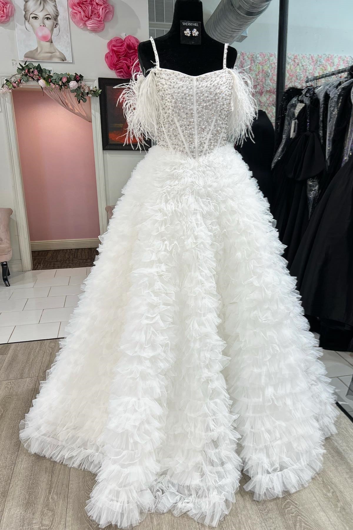 White Feathered Off-Shoulder Beaded Ruffled Layers Long Prom Dress