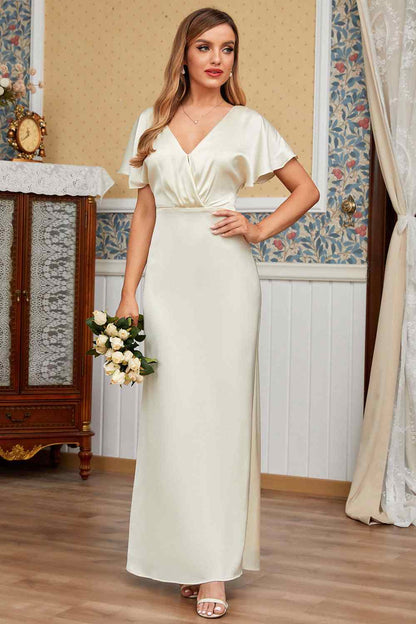 Sheath V Neck Satin Pleated Backless Long Bridesmaid Dress
