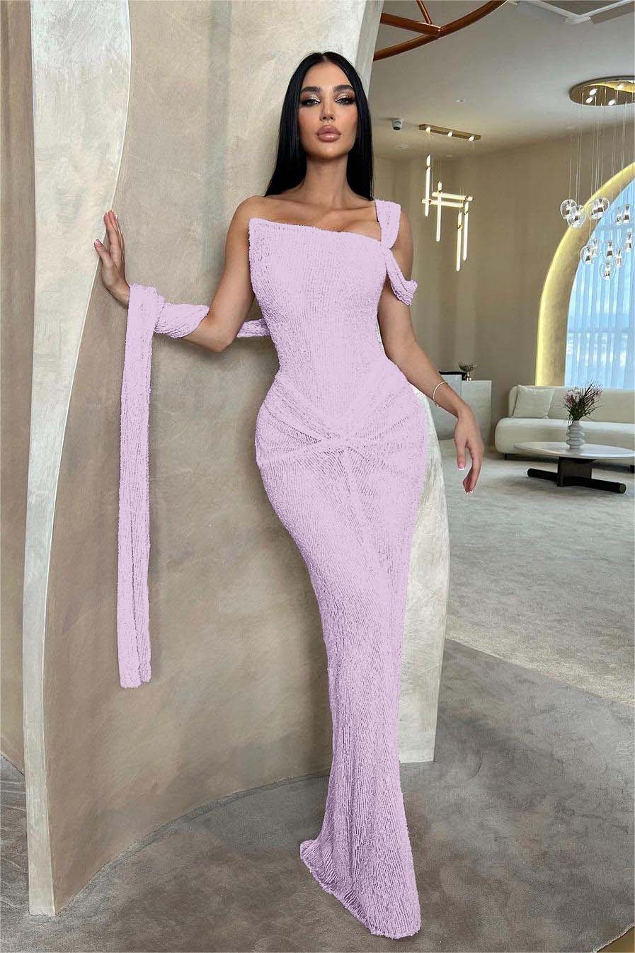 Stunning Pink Sequins One Shoulder Sleeveless Slim Prom Dress with Pleated