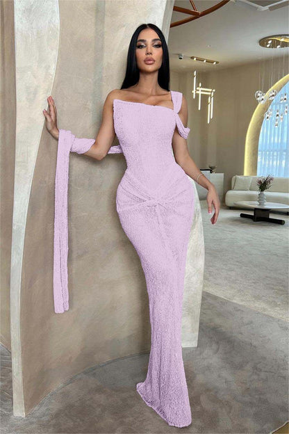 Stunning Pink Sequins One Shoulder Sleeveless Slim Prom Dress with Pleated