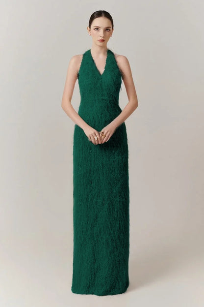 Sleeveless Halter Straps V-Neck Feathered Mermaid Evening Dress with Pearl Details