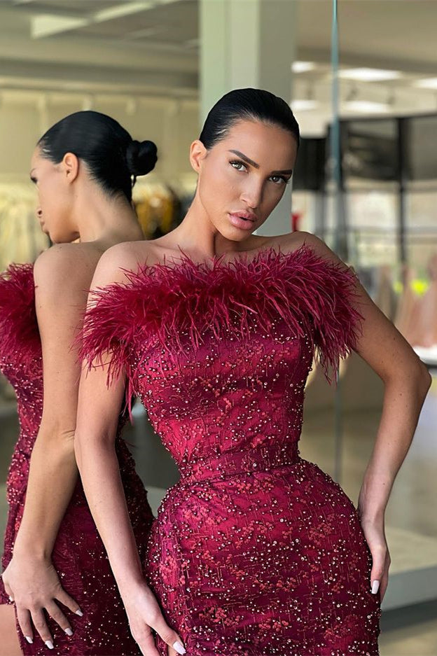 Beadings Sleeveless Mermaid Burgundy Slit Prom Dress With Feather