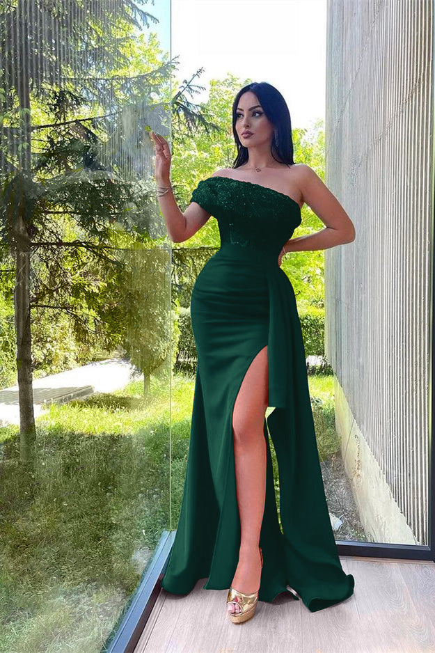 One Shoulder Sequins Strapless Red Split Mermaid Prom Dress With Lace Appliques