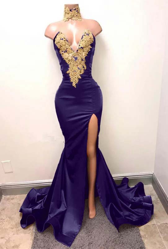 Mermaid Burgundy V-Neck Prom Dress Split With Lace Appliques