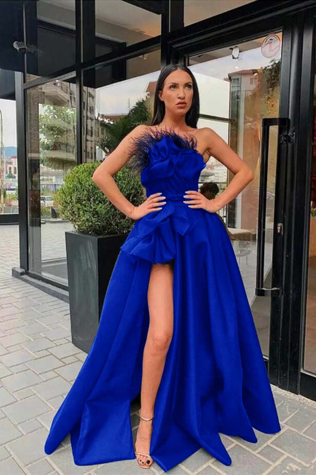 Long Black Prom Dress Slit With Feather