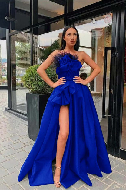 Long Black Prom Dress Slit With Feather