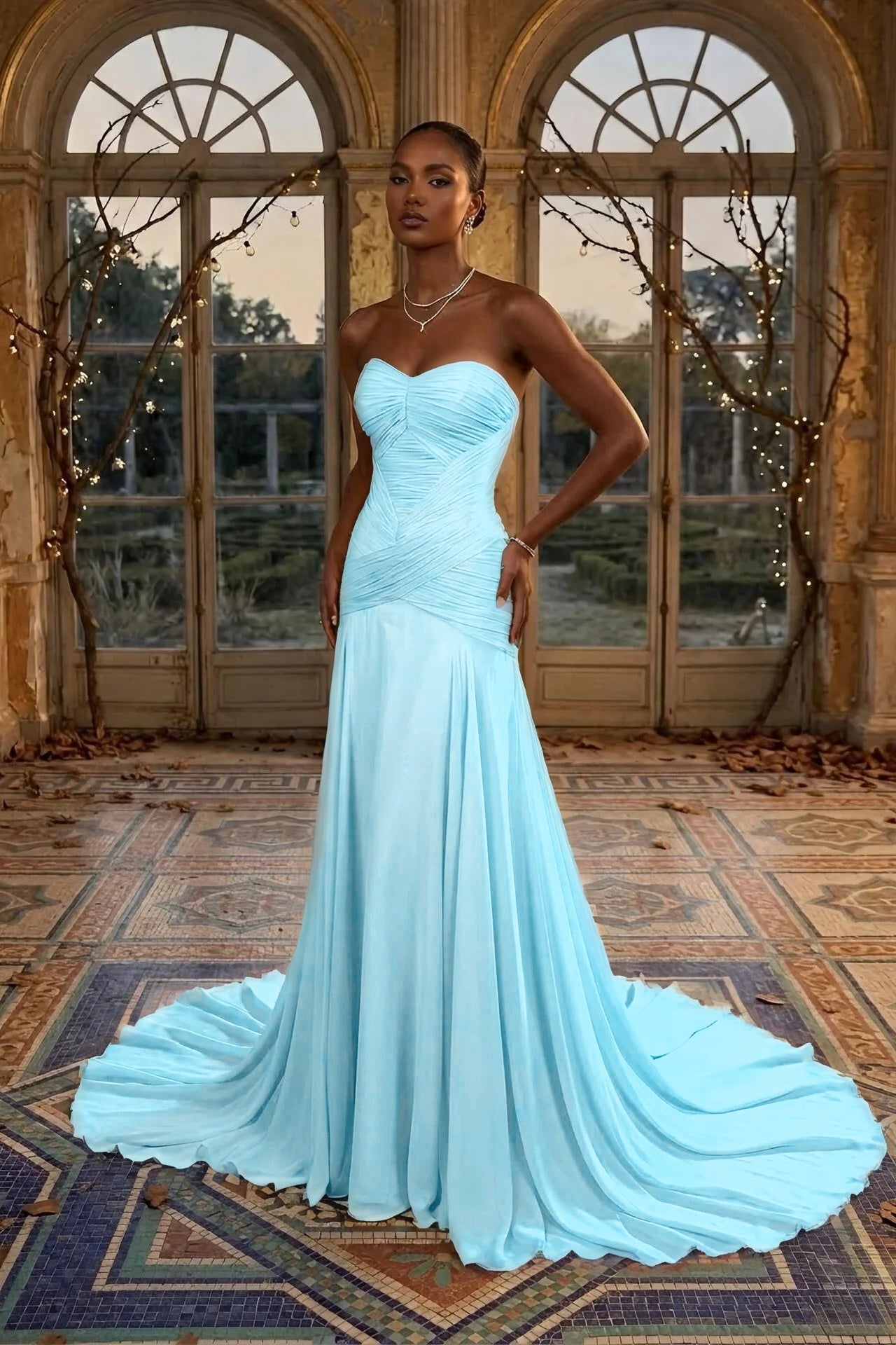 Elegant Dusty Sage Sweetheart Evening Dress in Chiffon with Pleated