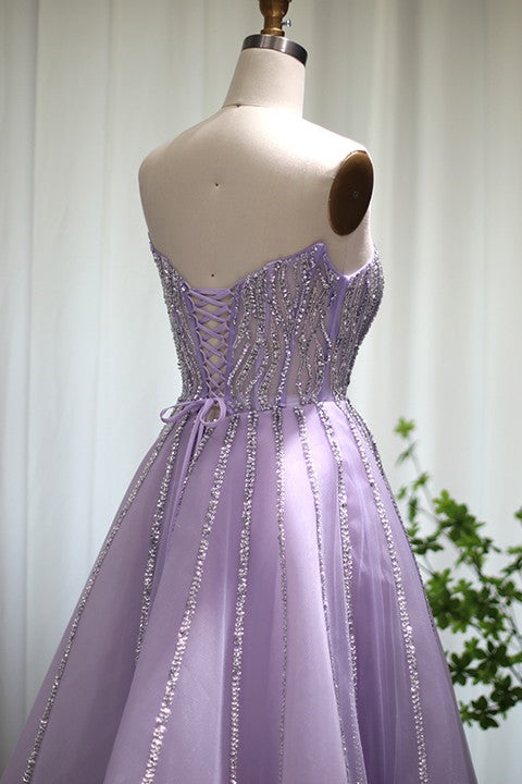 A Line Sleeveless Prom Dress Flower Strapless Tulle With Appliques Sequins