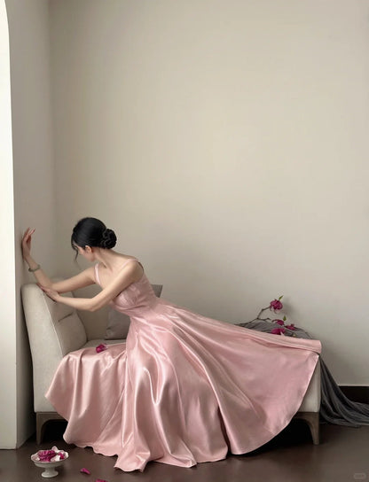 Elegant Pink A-line Square Neck Strap Satin Long Prom Dress Evening Dress P4025