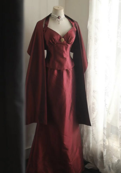 Vintage Burgundy Halter Neck Mermaid Satin Long Prom Dress Evening Dress P4250