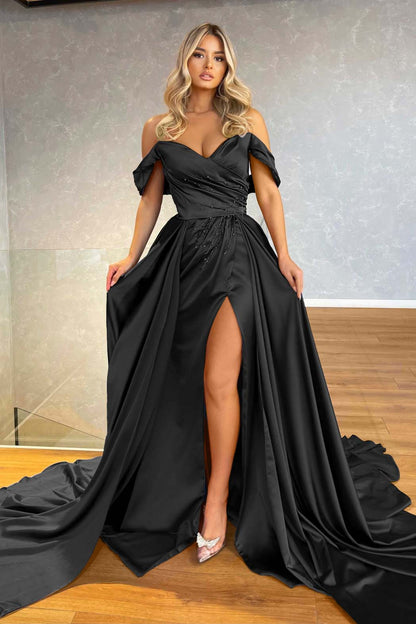 Blue Off-the-Shoulder Split Prom Dress Overskirt With Beadings