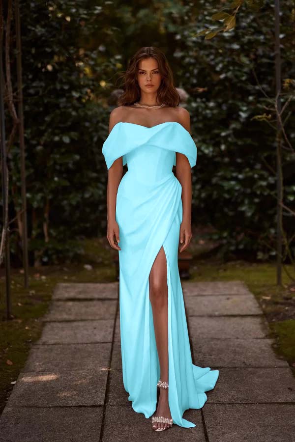 White Off-the-Shoulder Long Prom Dress Split with hand sleeve