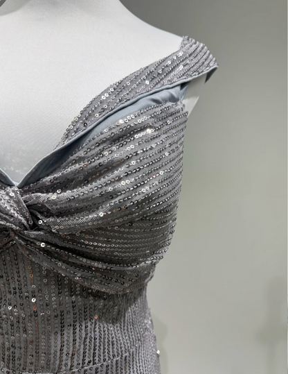 Elegant Grey Mermaid V-neck Sequined Long Prom Dress Evening Dress P4252