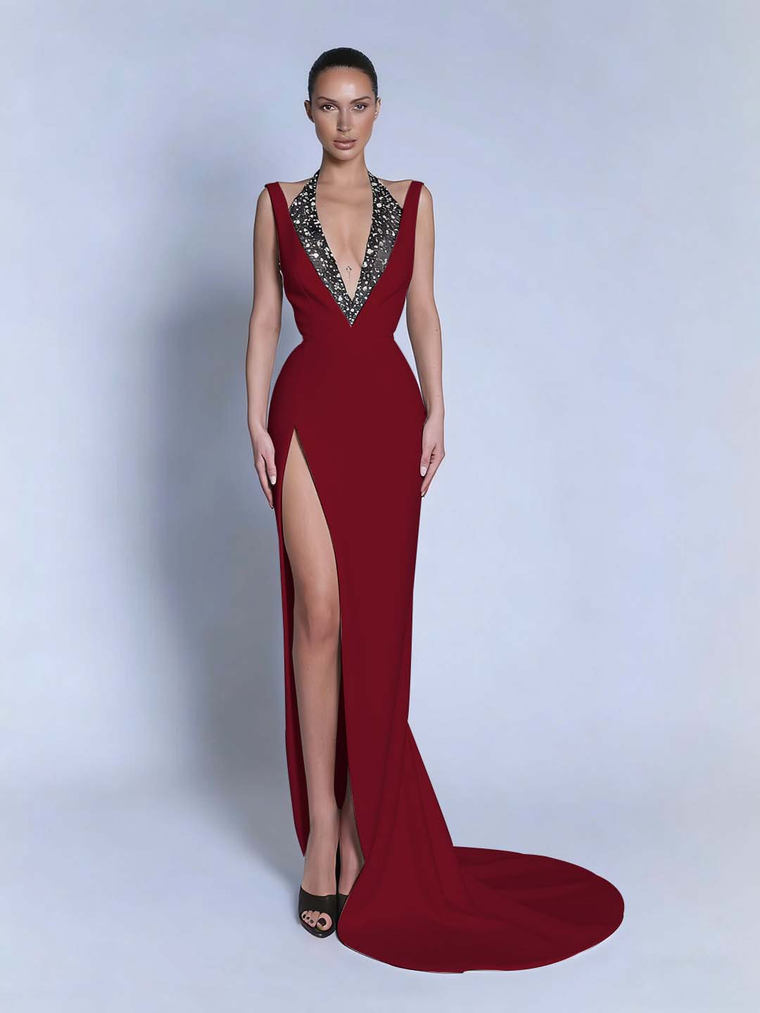 Black Sleeveless Slit Halter Straps Prom Dress With Beads