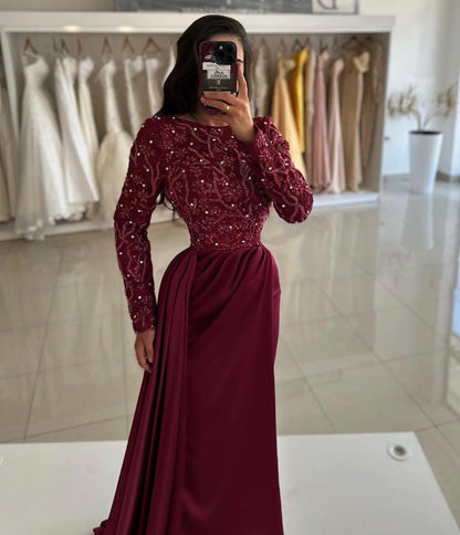 Exquisite Long Sleeves Beaded Mermaid Pleated Prom Dress With Tail