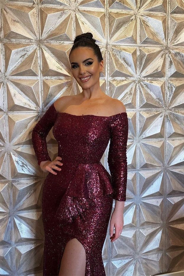 Long Sleeves Sequins Burgundy Mermaid Evening Dress With Slit