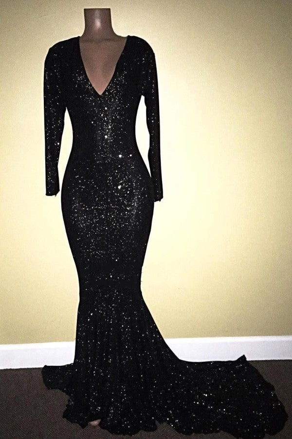 Long Sleeves V-Neck Mermaid Prom Dress Black With Sequins