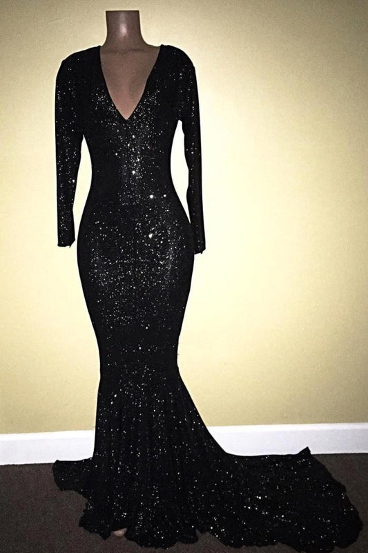 Long Sleeves V-Neck Mermaid Prom Dress Black With Sequins