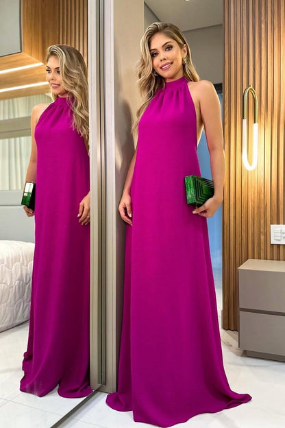 Simple Purple Satin Halter Sleeveless Strapless Backless Prom Dress with Pleated