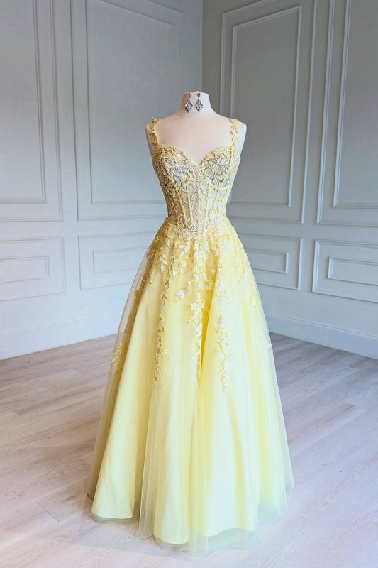 Yellow Sleeveless Spaghetti Straps A-Line Evening Dress With Embrpidery