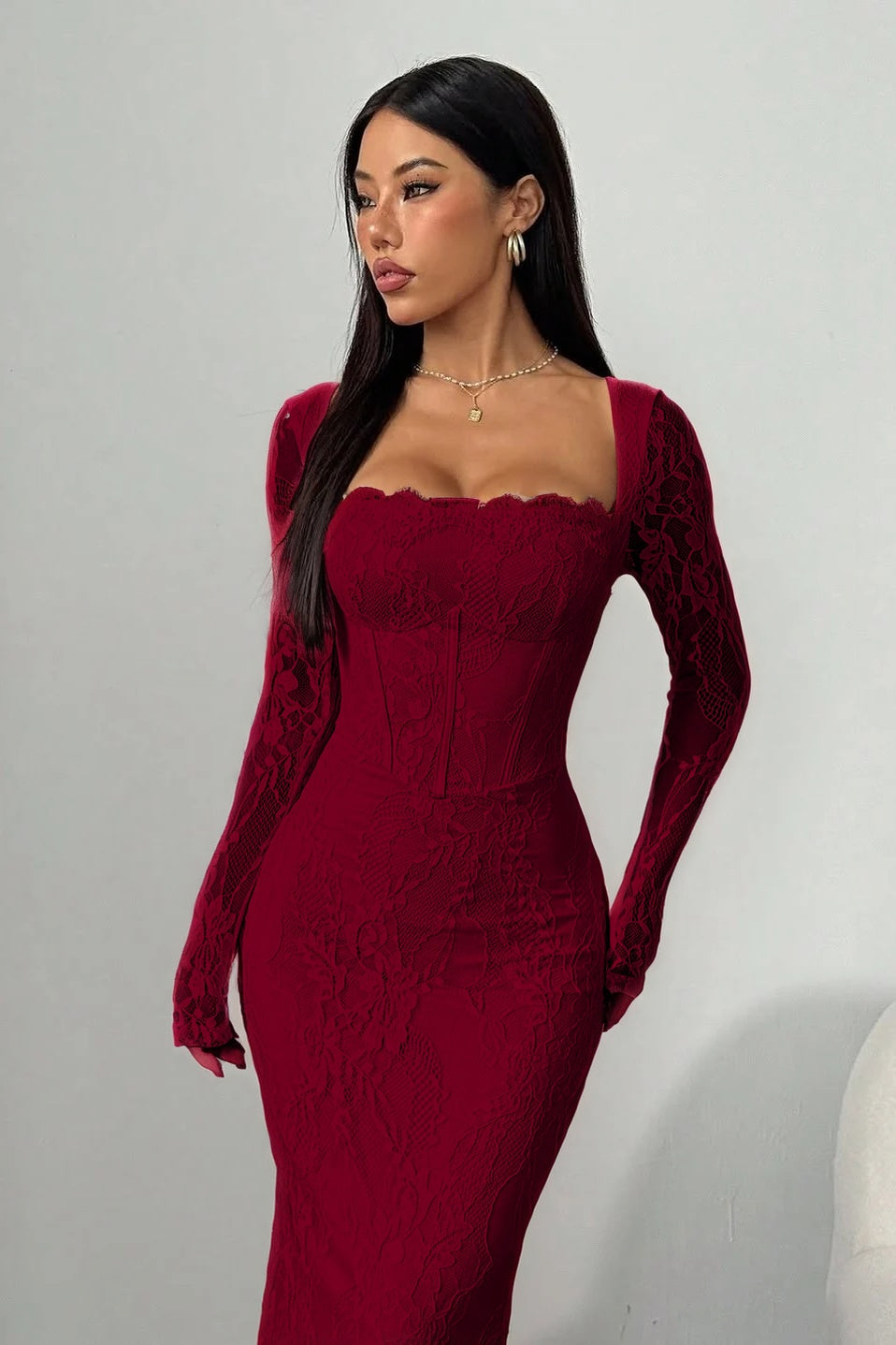 Long Sleeves Pink Square Lace Mermaid Prom Dress With Embroidery