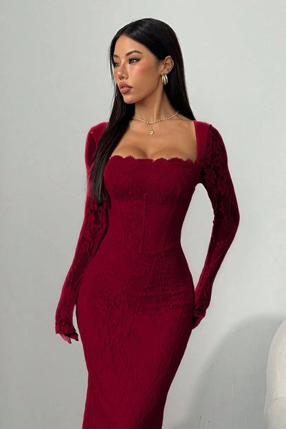 Long Sleeves Pink Square Lace Mermaid Prom Dress With Embroidery