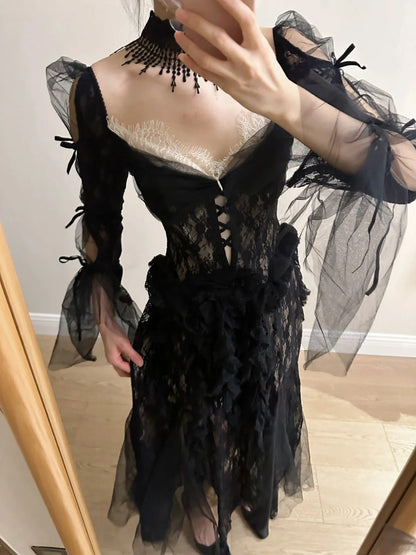 Dark Vintage Black Long Sleeve High-Slit Lace Tulle Prom Dress Evening Dress P4257
