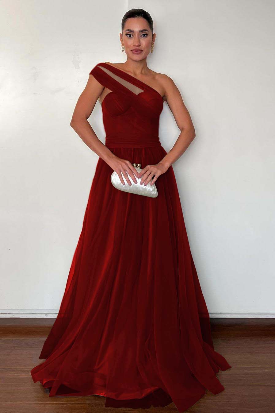 Stunning Green Tulle One Shoulder Sleeveless Long Prom Dress with Pleated