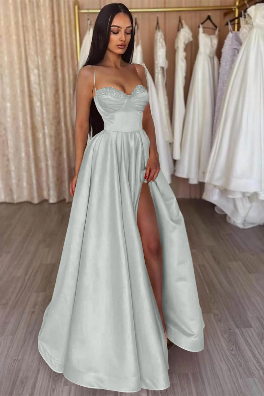 Yellow Slit Evening Dress A Line With Spaghetti-Straps