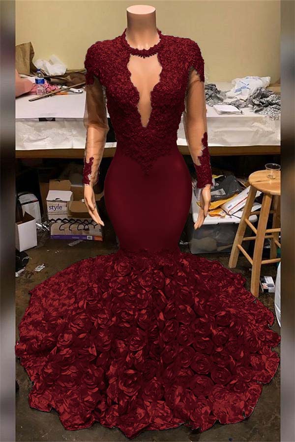 Elegant Mermaid V-Neck Prom Dress Appliques Long Sleeves With Flowers Bottom