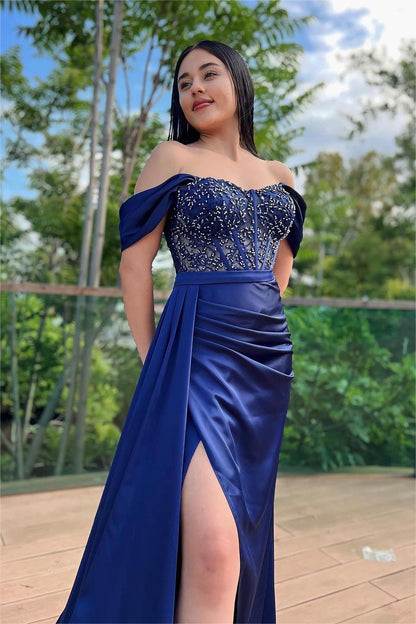 Glamorous Royal Blue Off the Shoulder Sleeveless Long Split Evening Dress with Beadings