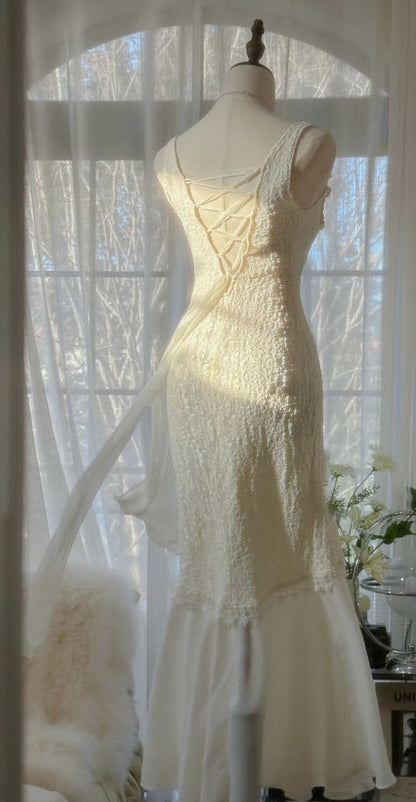 Romantic Mermaid V Neck Beaded White Chiffon Long Party Dress Evening Dress SH2783