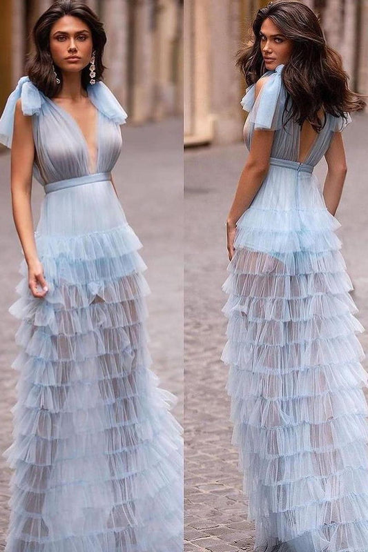 Stunning Blue Tulle Spaghtti Strap Sleeveless Long Prom Dress with Ruffles