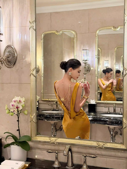 Stylish Gold Satin Mermaid Backless Long Evening Dress Formal 20th Birthday Outfits SP2030