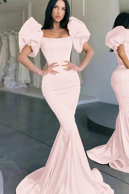 Yellow Square Bubble Sleeves Mermaid Long Prom Dress