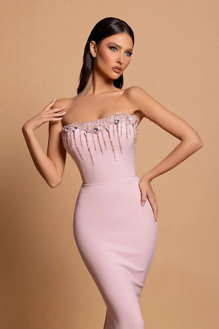 Strapless Pink Sleeveless Long Mermaid Beading Evening Dress