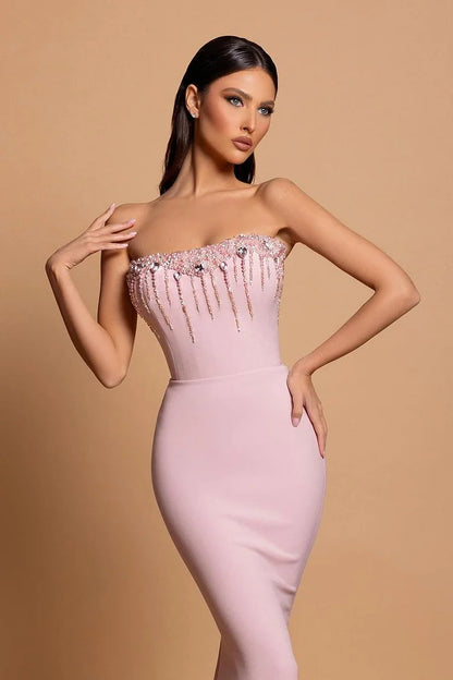 Strapless Pink Sleeveless Long Mermaid Beading Evening Dress