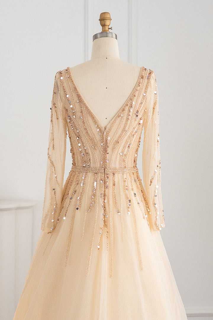 V Neck Long Sleeves A Line Evening Dress Tulle With Sequins