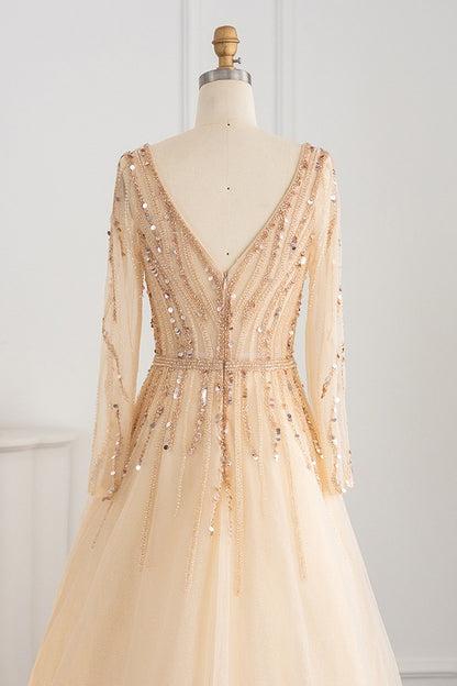 V Neck Long Sleeves A Line Evening Dress Tulle With Sequins