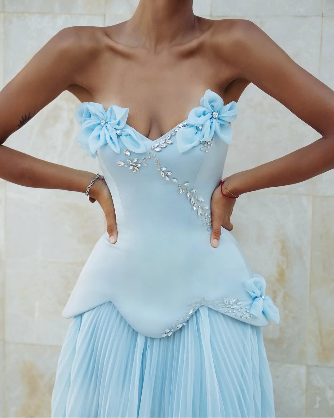 Sky Blue Sleeveless A Line Beads Prom Dress With Handmade Flower