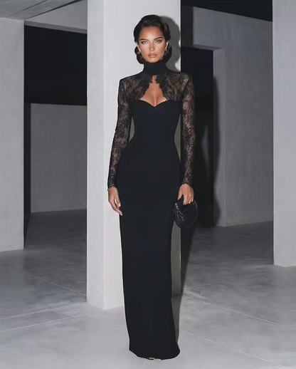 Classic Black High Neck Lace Long Sleeves Maxi Evening Dress