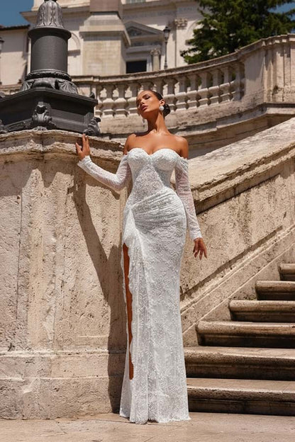 Champagne Lace Strapless Split Prom Dress With Long Sleeves